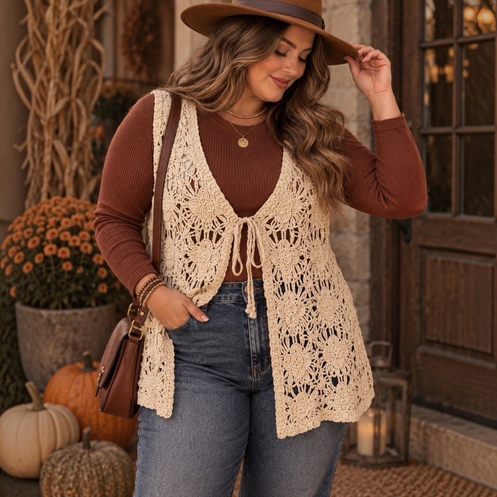 Cato 18/20W Cream Floral Crochet Tie Front Vest Boho Plus Size